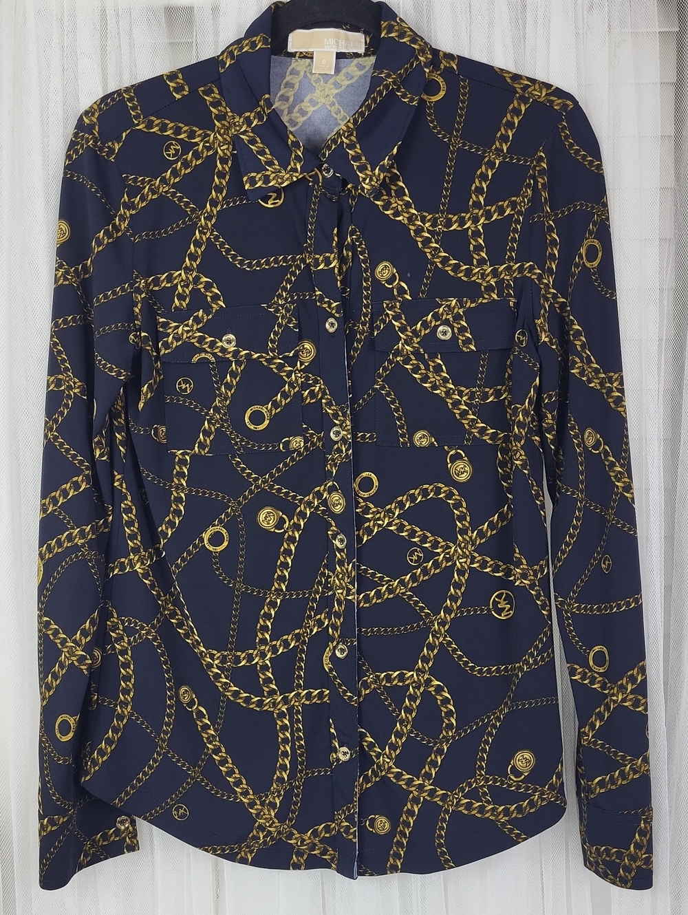 Michael Kors Navy and Gold Chain-Print Blouse. Size S